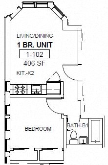 Floor plan for 1 bed, 1 bath, 523 sqft